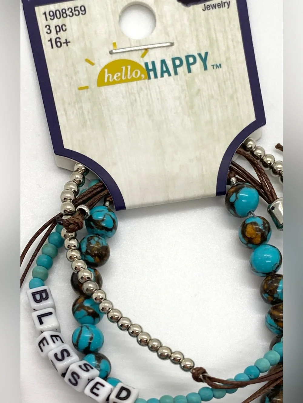 Hello Happy Turquoise Blue Brown Beaded Bracelet Boho Fall Festival Southwestern